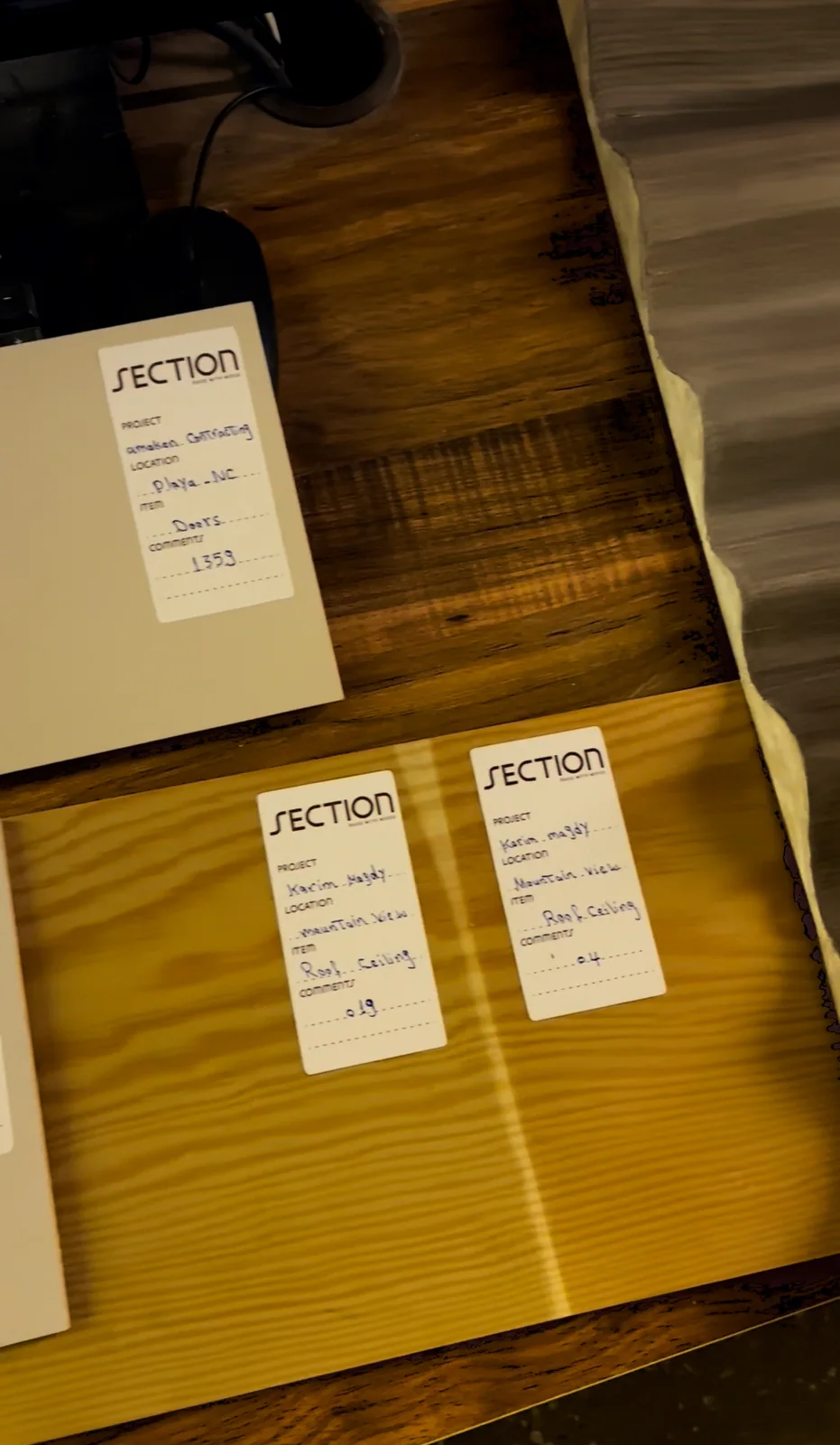 Tagged timber samples being checked as a set